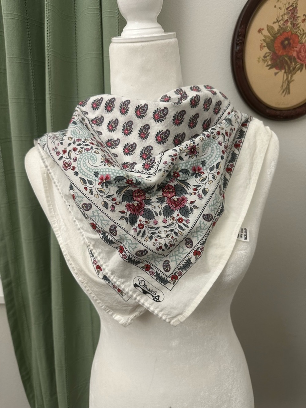 Les Olivades Floral Paisley Bandana Scarf - Ivory with rasberry and green colors